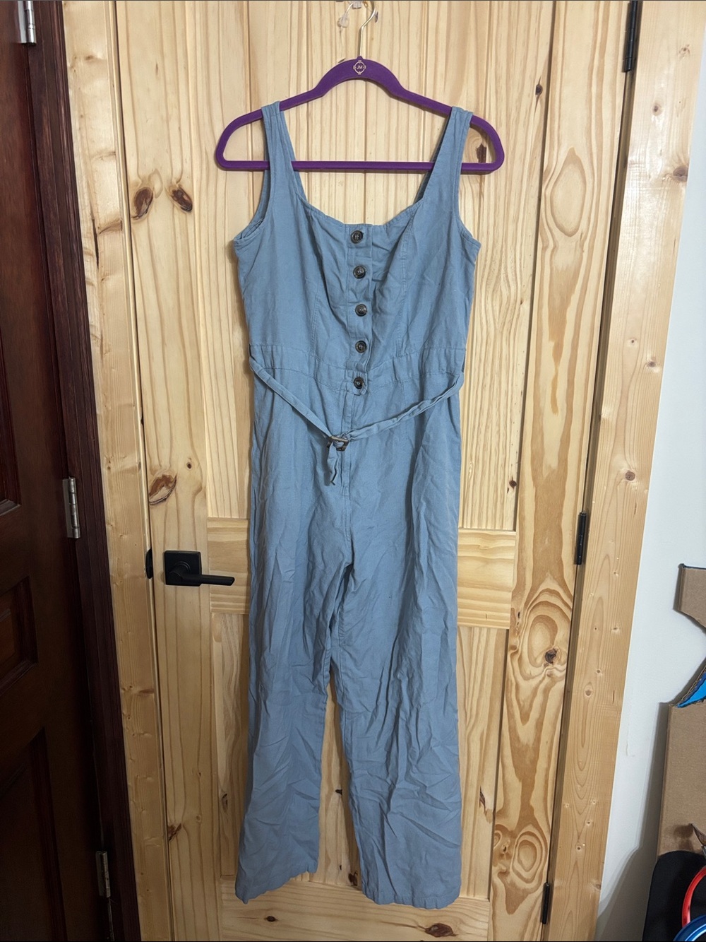 Japna Light Blue Sleeveless Button-Front Jumpsuit with Waist Tie